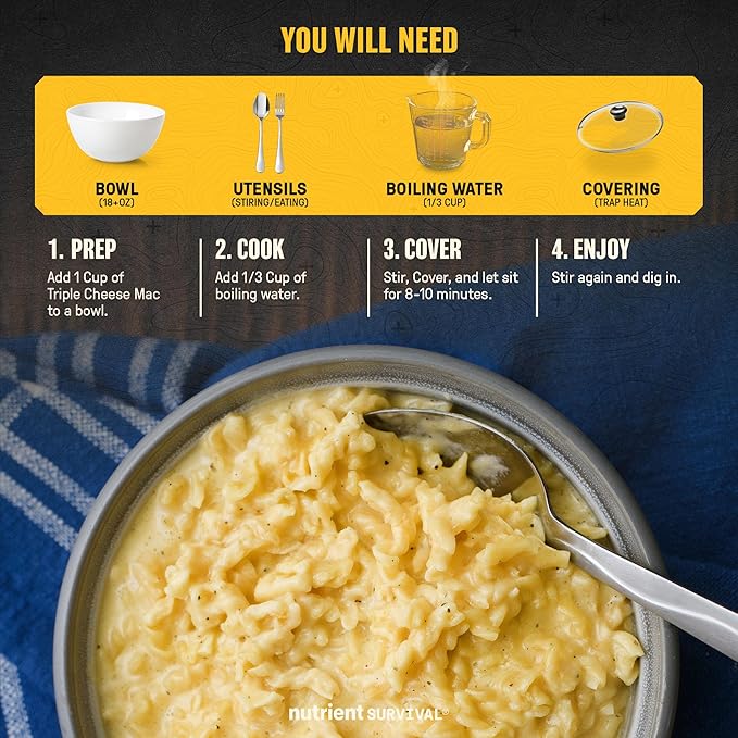 Nutrient Survival MRE Triple Cheese Mac, Ready to Eat Meals (10 Servings) Freeze Dried Prepper Supplies & Emergency Food Supply, 40 Essential Nutritients, Shelf Stable Up to 25 Years, One Can