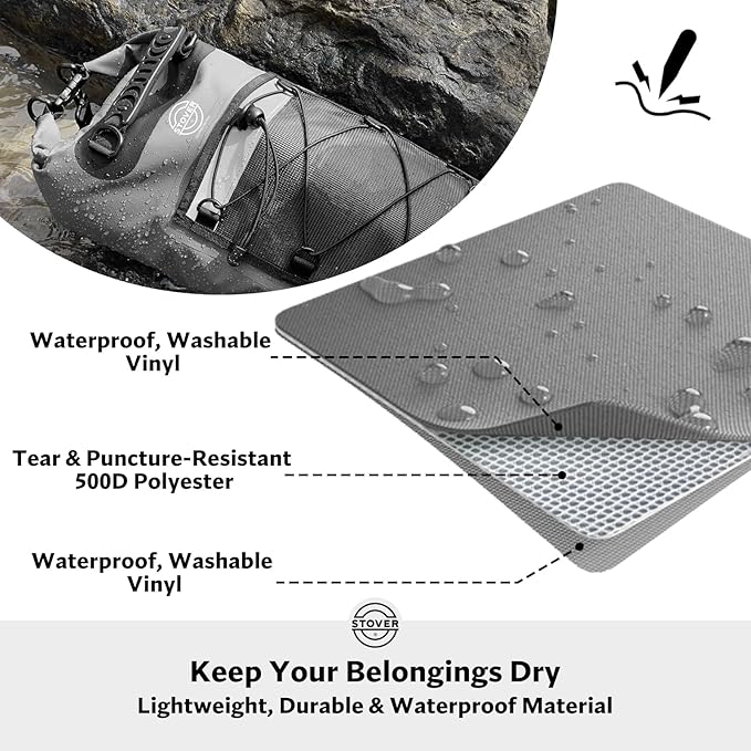 STOVER 5/10/25/30/40/55L Waterproof Dry Backpack- Medium Floating Dry Bag for Kayaking, Travel, Tubing, Hiking, Fishing, Camping, Motorcycles & the Beach, Heavy-Duty Roll Top Men/Women (Grey)