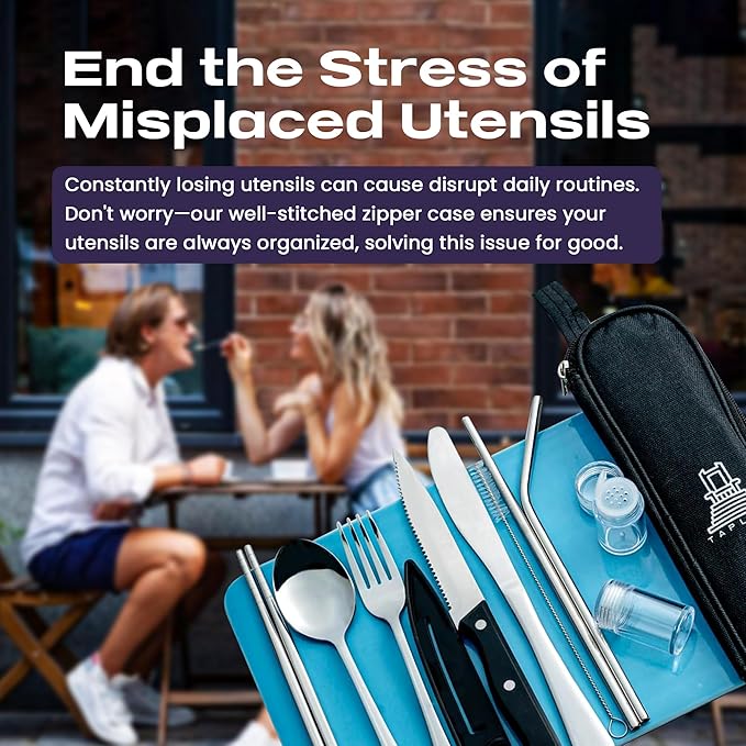 Portable Travel Silverware Set With Case, Includes 10 Pcs of Travel Utensils With Case, Stainless Steel Flatware Set For Camping, Lightweight (Silver)