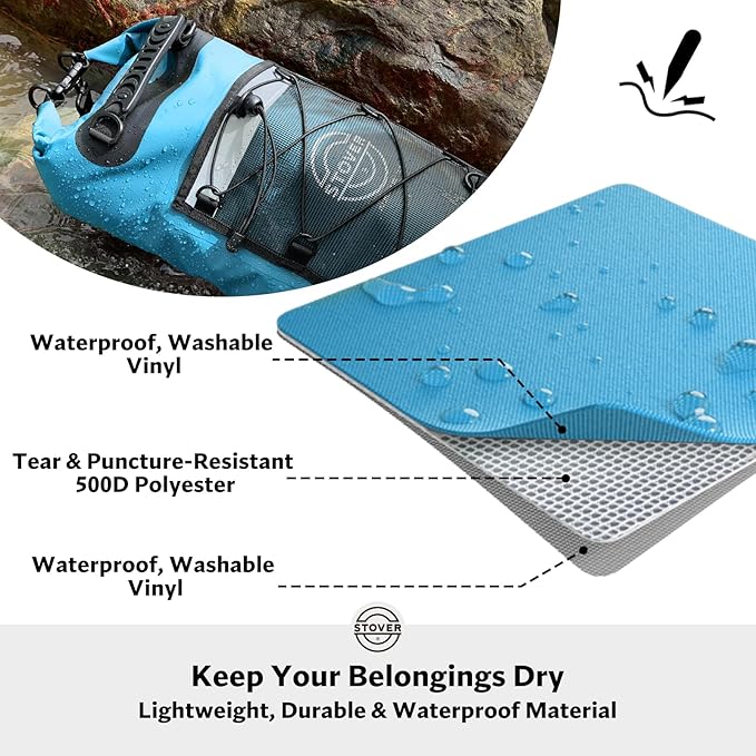 STOVER 5/10/25/30/40/55L Waterproof Dry Backpack- Medium Floating Dry Bag for Kayaking, Travel, Tubing, Hiking, Fishing, Camping, Motorcycles & the Beach, Heavy-Duty Roll Top Men/Women (Blue)