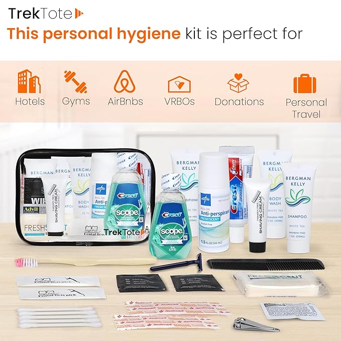 Trektote Travel Toiletry Kit For Men And Women – 20 Piece Set of Travel Size Toiletries, TSA Compliant, Includes Shampoo And Conditioner, Body Wash, Oral Care, Reusable Toiletry Bag & More