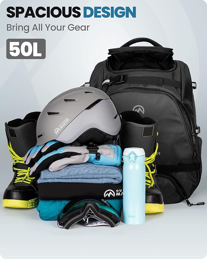 OutdoorMaster Ski Boot Bag, 50L Waterproof Snowboard Bag for Air Travel, Travel Boot Backpack for Ski Helmet, Goggles-Black