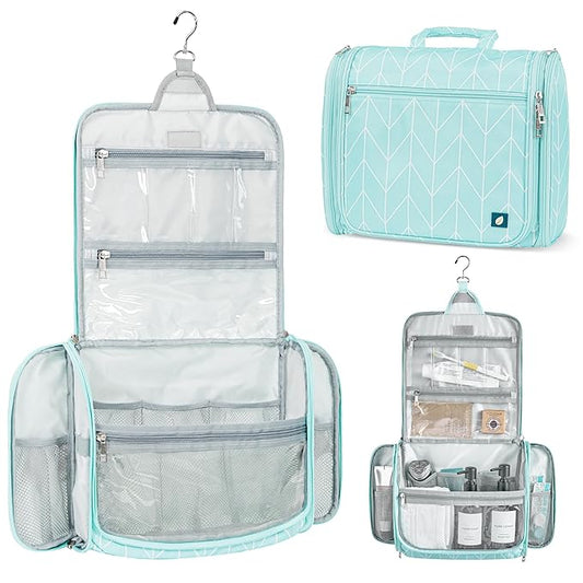 PAVILIA Large Hanging Toiletry Bag Travel Bag Women Men, Cosmetic Organizer, Water Resistant Makeup Bag Accessories Toiletries, Travel Essentials Kit, Teal Chevron