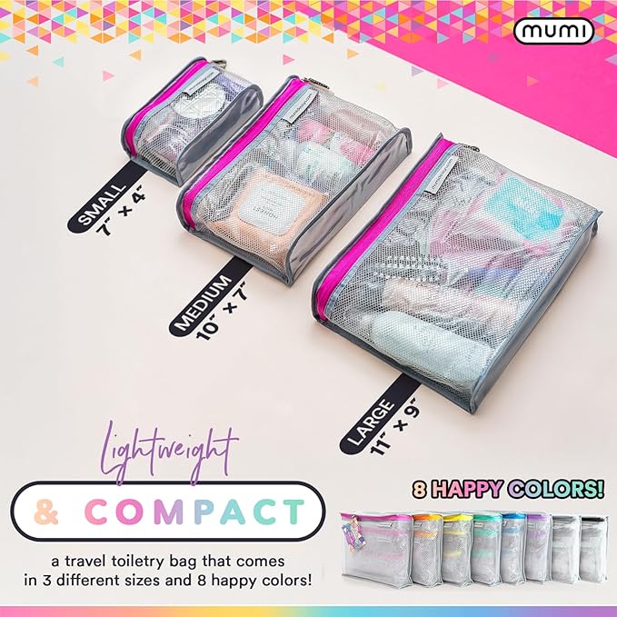 MUMI Travel Toiletry Bag Set of 3 – Clear TSA Approved Toiletry Bags for Women – Reusable Water-Resistant Makeup Organizer Pouches for Skincare, Cosmetics, Travel Accessories, Airport Packing - Pink