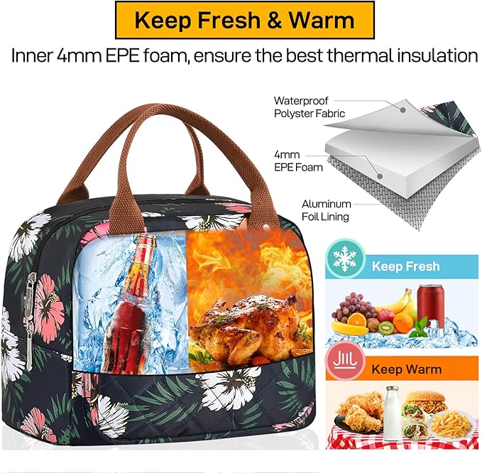 Buringer HOMESPON Lunch Bag for Woman Man Adults with Front Pocket Insulated Lunch Tote Lunch Box Container for Work Picnic or Travel（Green Leaves）