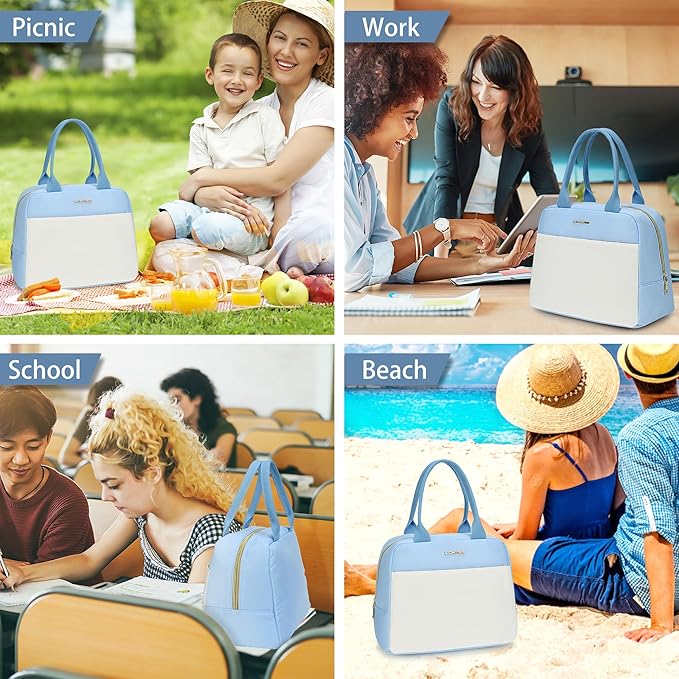 LOKASS Lunch Bag for Women-Insulated Adults Lunch Box with Front Pocket- Small Cute Lunch Tote for Work-Reusable Cooler Bag for Office Picnic Beach or Travel (Sky Blue)
