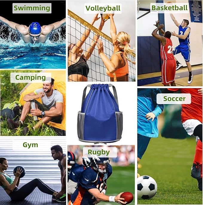 BLIRITEL Drawstring Backpack Sports Gym Bag, Soccer Backpack, Waterproof Soccer Bag for Men Women, String Basketball Bag Football Volleyball Backpack (Navy Blue)