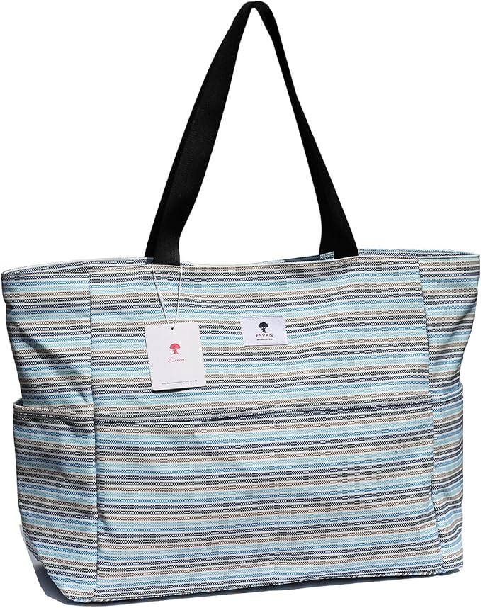 ESVAN Large Foldable Beach Bag for for Women with Dry Wet Compartment Waterproof Sandproof Travel Gym Picnic Handbag