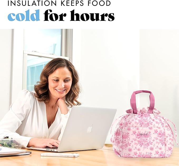 Fit & Fresh Lunch Bag For Women, Insulated Womens Lunch Bag For Work, Stain-Resistant Large Lunch Box For Women With Containers, Cinch Closure Cromwell Bag, Pink FloralToile