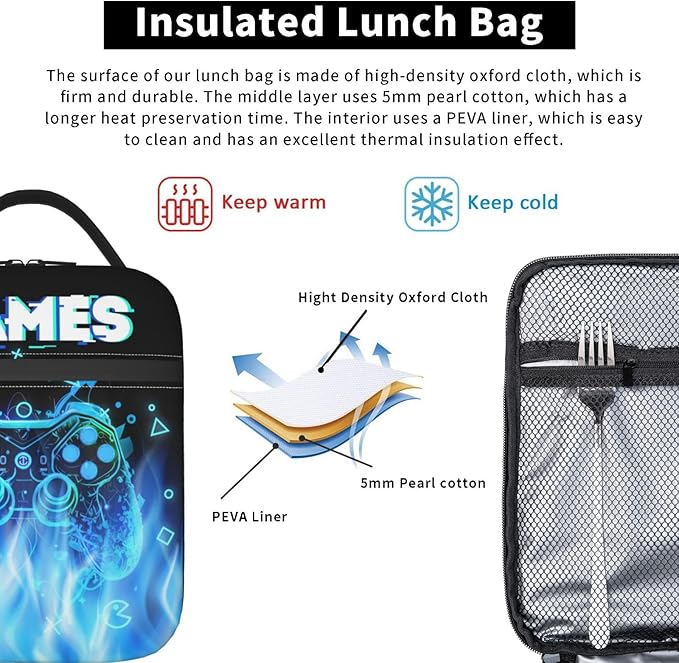 Blue Video Games Joystick Gamer Lunch Bag For Boys Kids Fun Reusable Lunch Box Insulated Meal Bags Portable Lunch Tote For Girls School Men Work Travel