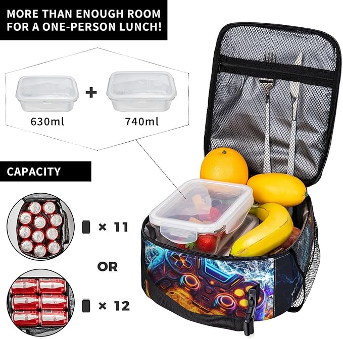 Video Game Controller Insulated Lunch Bag, Gaming Gadgets Lunch Box for Kids, Portable Reusable Zipper Fire and Water Game Lunch Box for Men Women School Work Travel