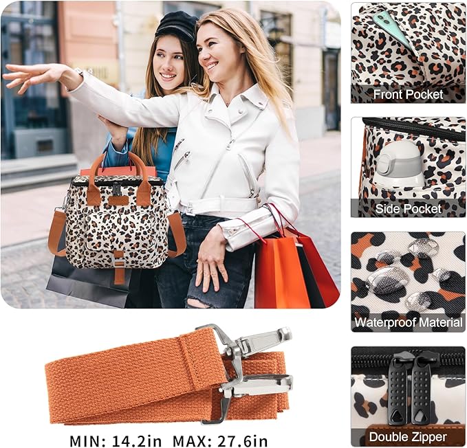 Joymee Insulated Lunch Bag for Women/Men, Waterproof Lunch Box for Office Work Picnic Beach, Reusable Large Leakproof Cooler Tote Bag with Adjustable Shoulder Strap & Side Pocket, Leopard Print
