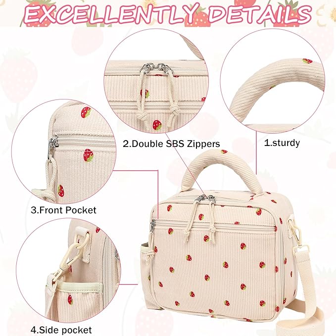 LOIDOU Lunch Box for Kids Girls Cute Corduroy Insulated Lunch Bag Thermal Meal Tote Reusable Lunch Pail Bags for School Travel (Corduroy Strawberry Beige)
