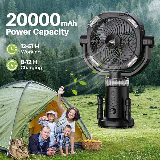 Portable Camping Fan, 20000mAh Rechargeable Fan with Lights, Battery Powered, with Remote &Hook, Height Adjustable, 360° Oscillation, for Outdoor, Tent, Travel, Fishing
