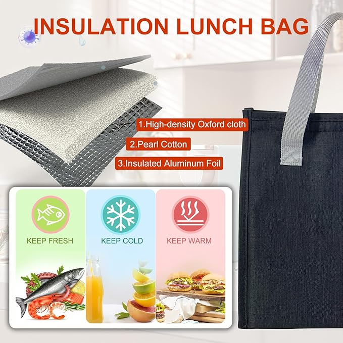 Mziart Minimalist Lunch Bag, Reusable Insulated Bag for Women Men Box Container Leakproof Simple Bento Tote Adults Cooler Work Office Picnic or Travel (Black) M23HK-LB-005-JJ