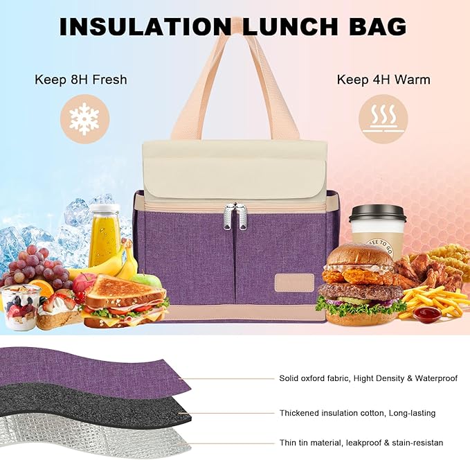 Joymee Lunch Box for Women Insulated Lunch Bag with Shoulder Strap Reusable Leakproof Large Spacious Lunch Cooler Tote for Women Adult with Bottle Holder and Side Pockets for Work Picnic - Purple