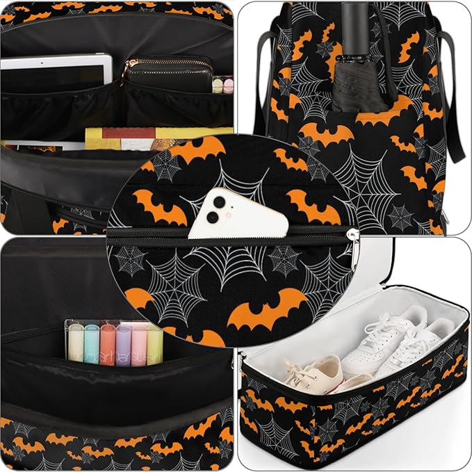 cfpolar Woman Travel Duffel Bag Halloween Bat Spider Web Foldable Tote Carry On Luggage Sports Gym Bag With Shoe Compartment Overnight Weekend Yoga Workout Bag Training Handbag