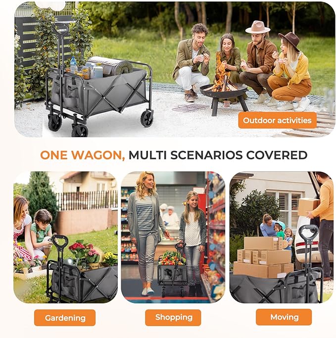 Collapsible Wagon 220 lbs, Heavy Duty Wagon Carts Foldable, Portable Wagons for Groceries, Beach Cart with All-Terrain Wheels & Drink Holders, Utility Wagons for Shopping, Sports, Camping, Grey