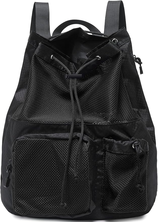Lohol Large Mesh Drawstring Backpack with Shoe Bag, Durable Swimming String Sack with Handle for Sports Gym Yoga Beach Travel