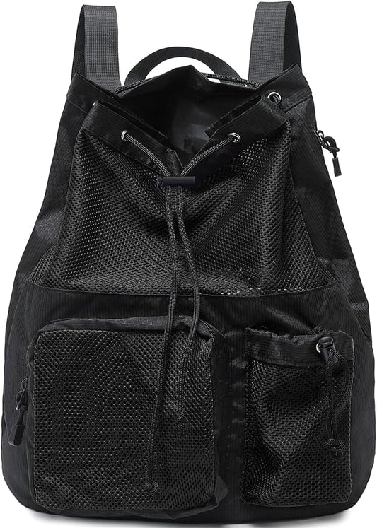 Lohol Large Mesh Drawstring Backpack with Shoe Bag, Durable Swimming String Sack with Handle for Sports Gym Yoga Beach Travel