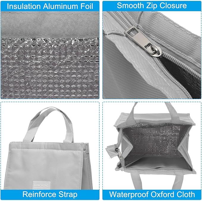PATIKIL Insulated Lunch Bags, 10"x6"x13" Reusable Bento Bags Thermal Lunch Tote Portable Food Containers Bag for Men and Women, Grey