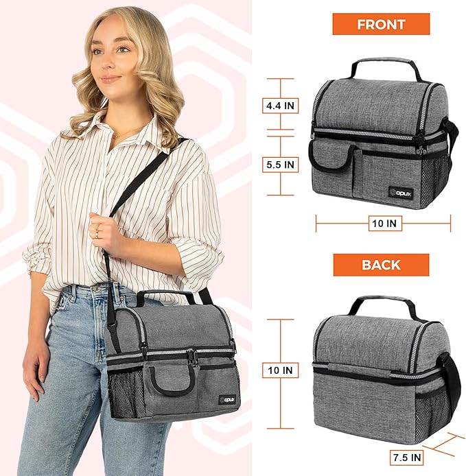 opux Lunch Box for Men, Adult Lunch Box Cooler, Insulated Lunch Bag Women, Dual Compartment Lunchbox for Work, Leakproof Double Decker Lunch Bag, Soft Lunch Pail Tote Boys Girls Kids School, Gray