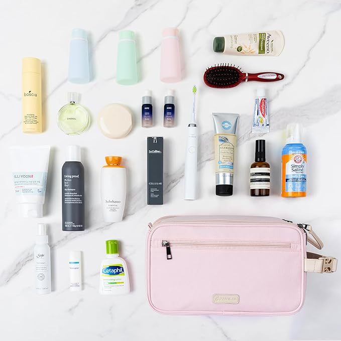 PAVILIA Toiletry Bag for Women, Canvas Travel Dopp Kit, Water Resistant Hygiene Bag Toiletries Organizer, Shaving Kit Travel Accessories Bag, Pink, Extra Large