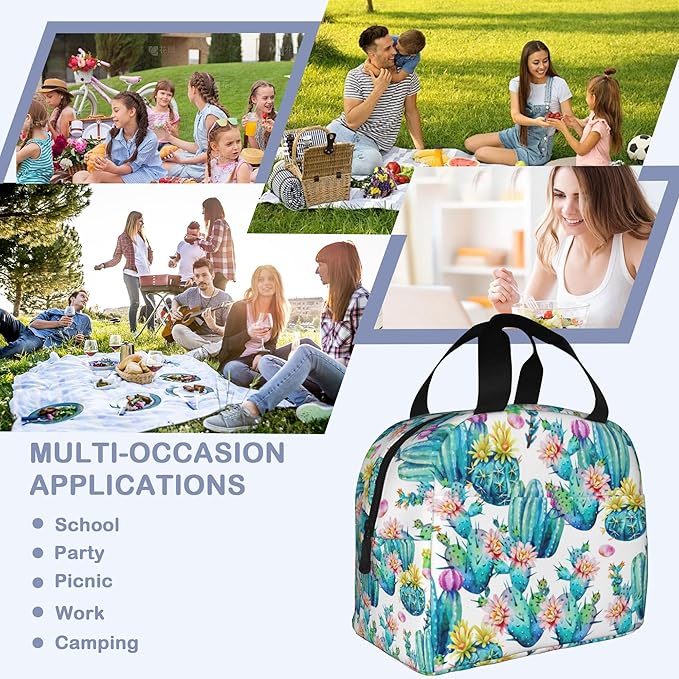 Insulated Lunch Bag,Watercolor Blooming Cactus Lunch Box for School Student Kids Boys Girls,Leakproof Small Lunch Tote for Adult Men Women,Reusable Lunch Cooler Tote Bag for Office Work Picnic