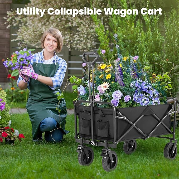 Sweetcrispy Collapsible Foldable Wagon Cart, Large Capacity Garden Cart with Wheels, Heavy Duty Utility Grocery Wagon with Drink Holders for Shopping Sports Camping,Extra Large Black