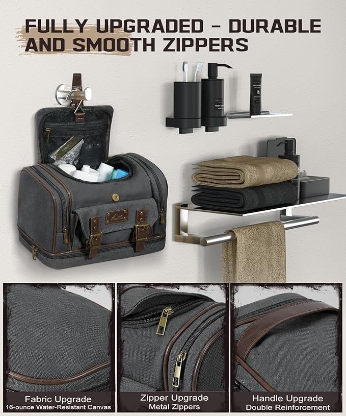 ARCFOX Travel Hanging Toiletry Bag for Men, Vintage Canvas Large Toiletry Bag with 7 Compartments, Camping Gym Travel Toiletry Kit Organizer with PVC Wet & Dry Pockets, Personalized Wash Bag, Black