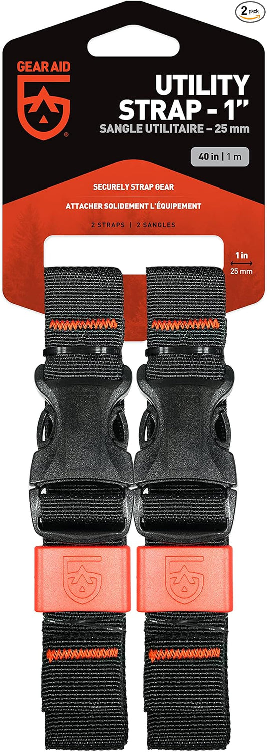 GEAR AID Utility Straps with Side-Release Buckle, Secure and Compress Camping, Biking, Hunting, Boating Gear, Multiple Sizes 1" x 40"