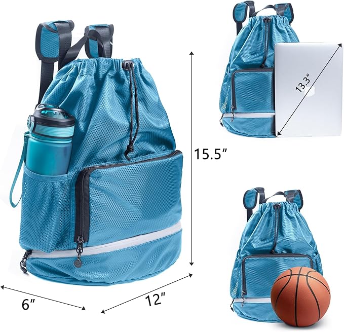 Swim Essentials Beach Gym Bag - Drawstring Backpack with Shoes Compartment and Waterproof Pocket for Kids, Men - Workout Bag