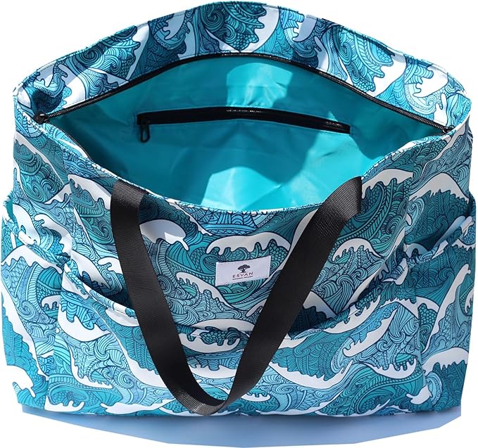 ESVAN Large Foldable Beach Bag for for Women with Dry Wet Compartment Waterproof Sandproof Travel Gym Picnic Handbag