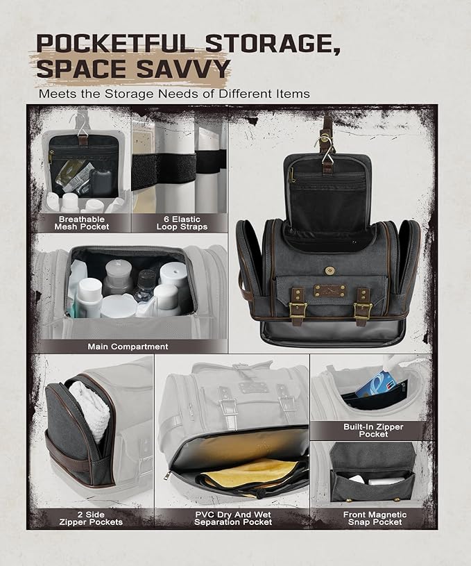 ARCFOX Travel Hanging Toiletry Bag for Men, Vintage Canvas Large Toiletry Bag with 7 Compartments, Camping Gym Travel Toiletry Kit Organizer with PVC Wet & Dry Pockets, Personalized Wash Bag, Black