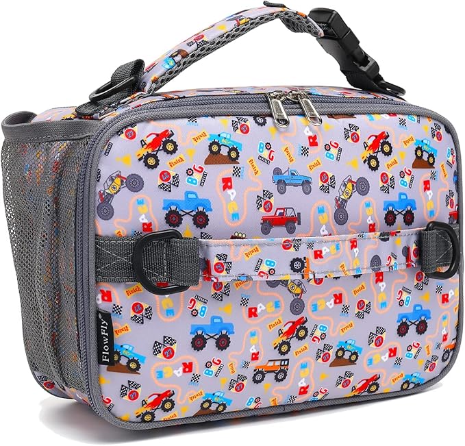 FlowFly Kids Lunch Bag, Durable Insulated School Lunch Box with Shoulder Strap and Bottle Holder, Water-resistant Thermal Small Lunch Cooler Tote for Teen Boys & Girls,Truck