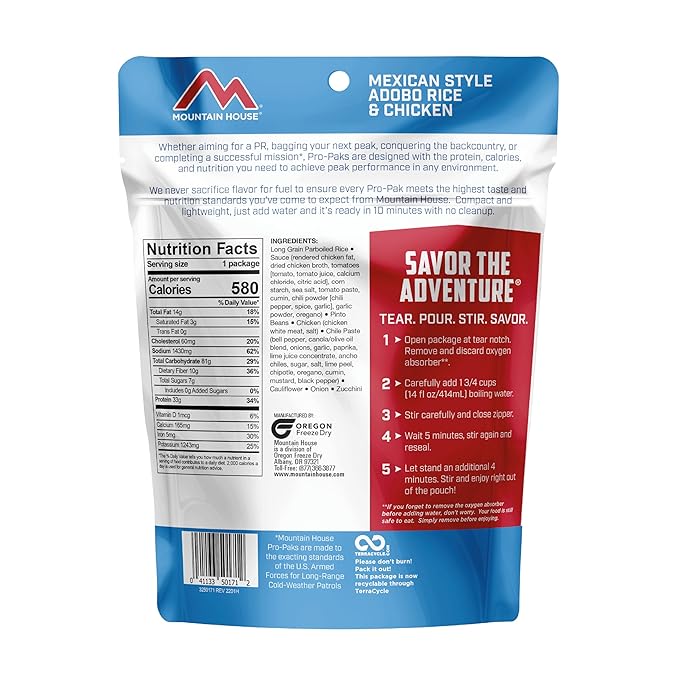 Mountain House Mexican-Style Adobo Rice & Chicken Pro-Pak | Freeze Dried Backpacking & Camping Food | Gluten-Free | 1 Serving