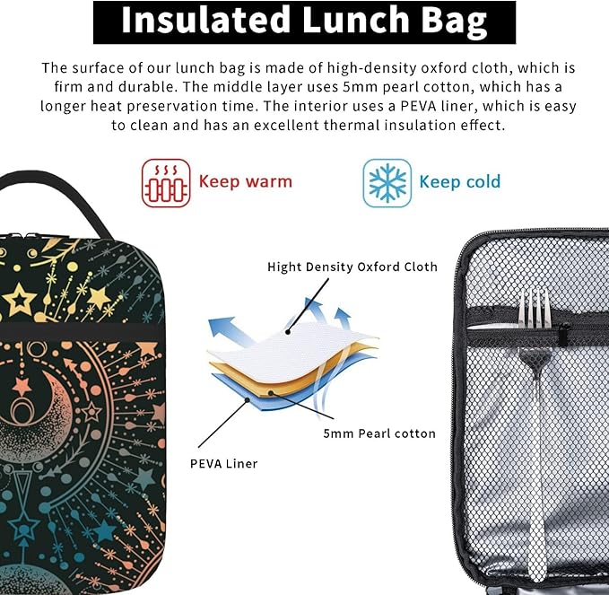 Magical Astrology Moon Star Insulated Lunch Bag Reusable Cooler Lunch Box Portable Leakproof Thermal Container Tote Bags for Girls Boys School Travel