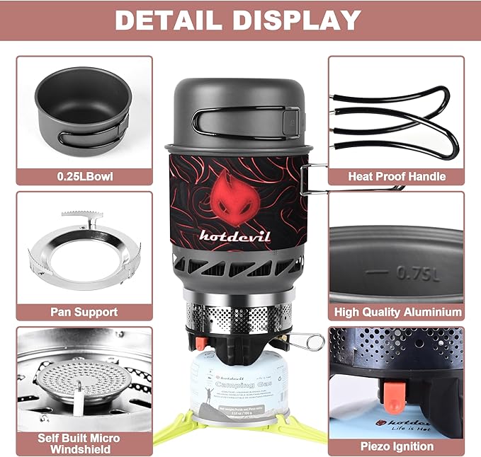 0.75+0.25L Backpacking Camping Stove Cooking System with Piezo Ignition, Outdoor Portable Burner with Pot & Metal Holder Camping Stove Kit Propane, Ideal for Hiking Fishing Hunting Emergency
