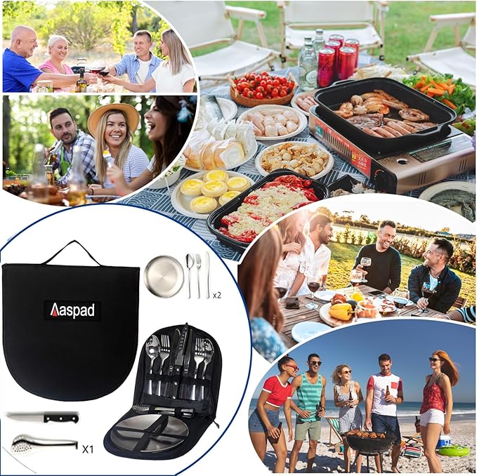 Picnic Cutlery Kit with Portable Case Camping Essentials Silverware Set Travel Utensils Outdoor Tableware Stainless Steel Flatware with Forks,Spoons,Serrated Knife,Food Clip,Plates (Black)