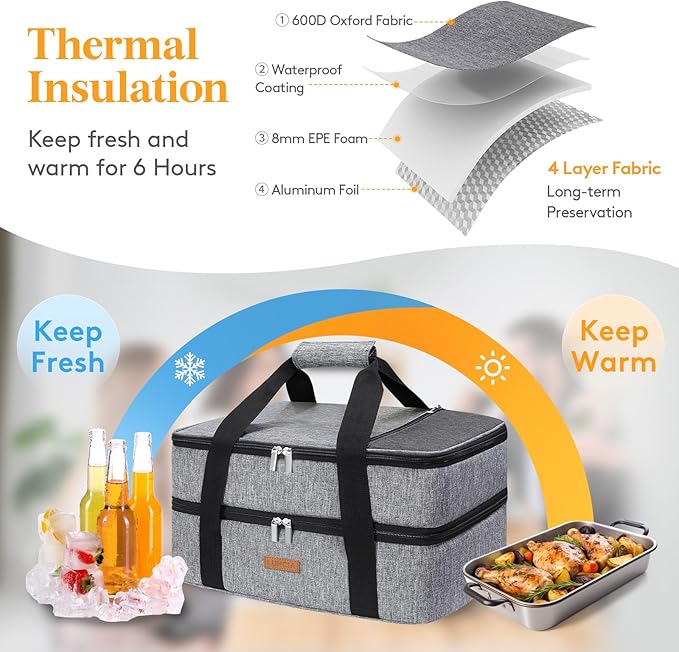 Double Decker Insulated Casserole Carrier for Hot or Cold Food, Lasagna Holder Tote for Potluck Parties/Picnic/Cookouts, Fits 9"x13" Baking Dish, Grey
