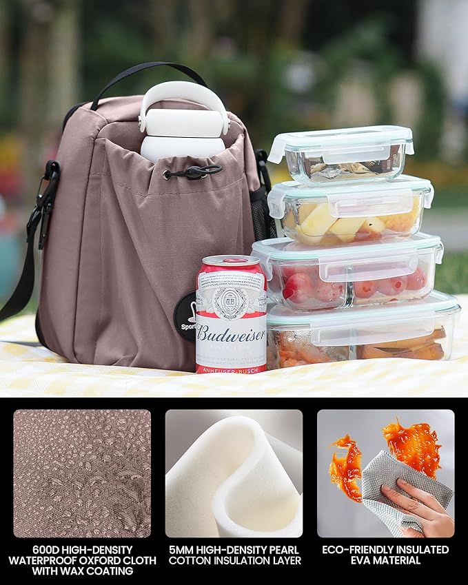 Sports rabbit Insulated Lunch Bag for Men–Compatible with 30/40OZ Handle & Straight Bottles–Leakproof Cooler Tote, Wax-Coated Oxford, Adjustable Strap–Perfect for Work, Travel, Picnics (Coffee Brown)