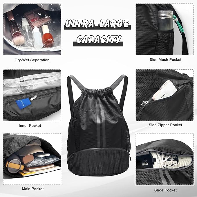 Sports Drawstring Backpack - Waterproof Swim Bag Gym Bag with Shoes Compartment and Dry/Wet Separation Pocket for Women Men Basketball, Sports, Gym, Travel