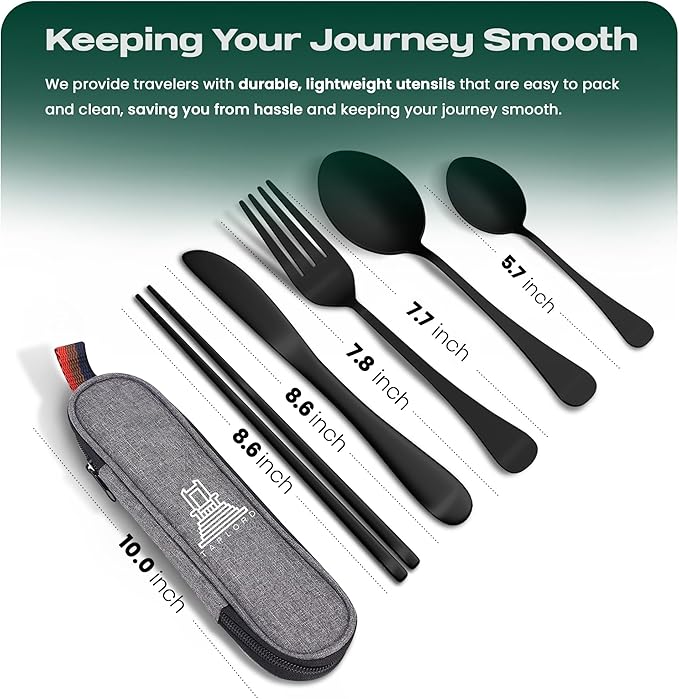Portable Travel Silverware Set With Case, Includes 5 Pcs of Travel Utensils With Case, Stainless Steel Flatware Set For Camping, Easy to Travel, Lightweight (Black), Medium, TL-05B