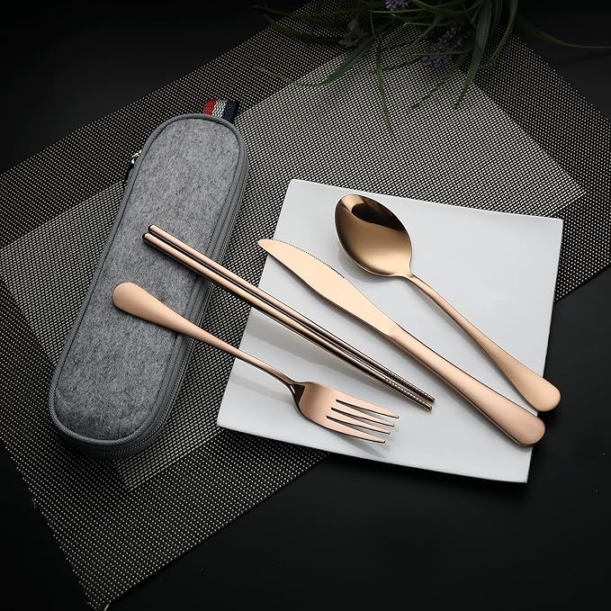 DEVICO Camping Utensils, Portable Travel Utensils with Case, Stainless Steel Reusable Silverware for Lunch Adult, 5Pcs Cutlery Set Includes Knife Spoon Fork Chopsticks and Case (Rose Gold)