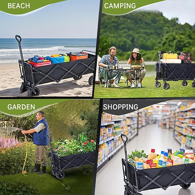350L Large Capacity Foldable Wagon with Removable Canopy & Brakes, 560lbs Heavy Duty Collapsible Wagon Cart with Push Handle All-Terrain Big Wheels for Camping, Sports, Shopping, Beach