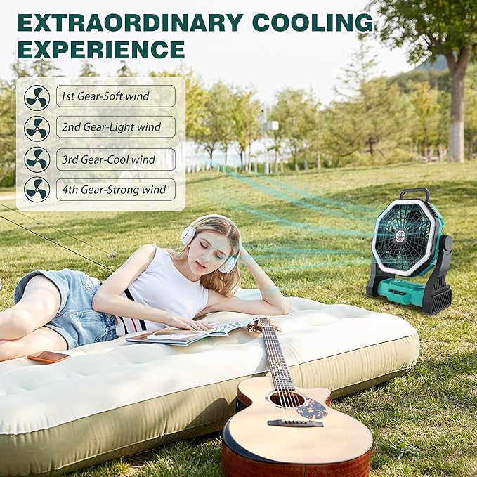 Roykaw Portable Camping Fan with 10400 mAh Rechargeable Battery, 36 Hrs Work, Ultra-bright LED Light & Cordless, Fit for Tent, Fishing, Bedroom, Office, Hurricane