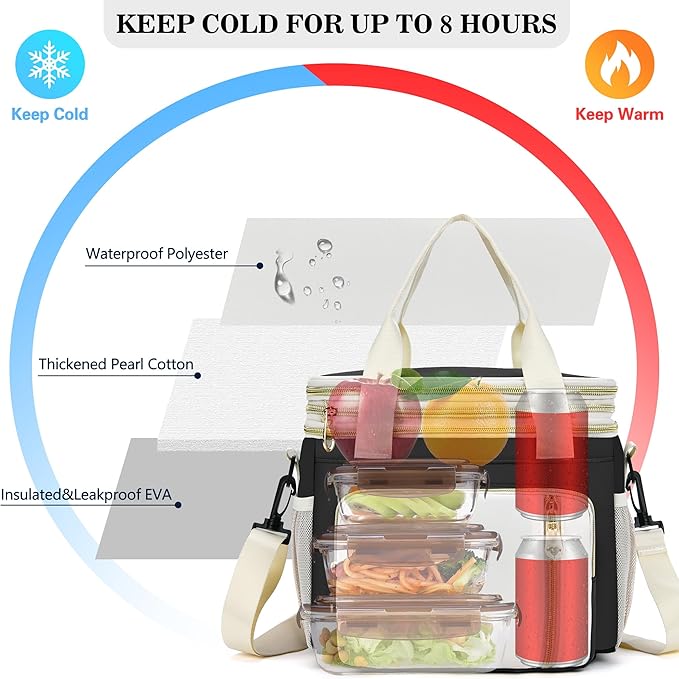 Lunch Box & Lunch Bag for Women Men, Large Insulated Adult Lunch Box Leakproof Lunchbox Cooler Bag for Work Picnic Beach,16L, Black & White