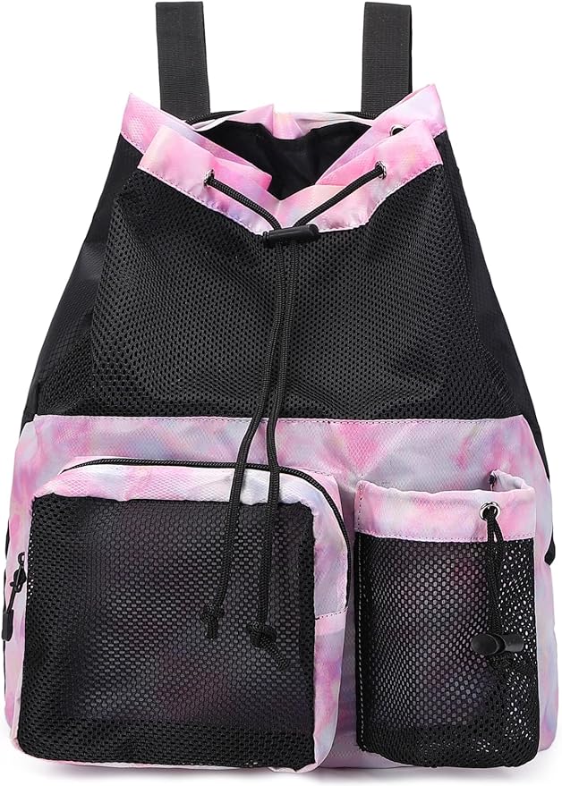 Lohol Large Mesh Drawstring Backpack with Shoe Bag, Durable Swimming String Sack with Handle for Sports Gym Yoga Beach Travel