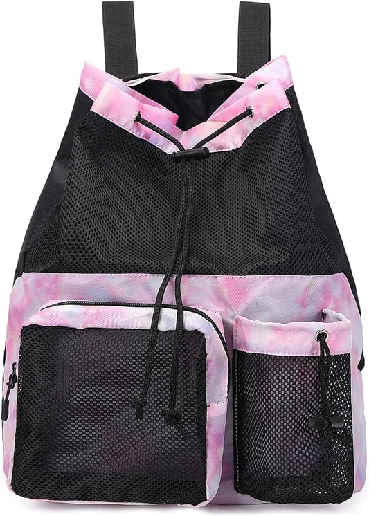 Lohol Large Mesh Drawstring Backpack with Shoe Bag, Durable Swimming String Sack with Handle for Sports Gym Yoga Beach Travel
