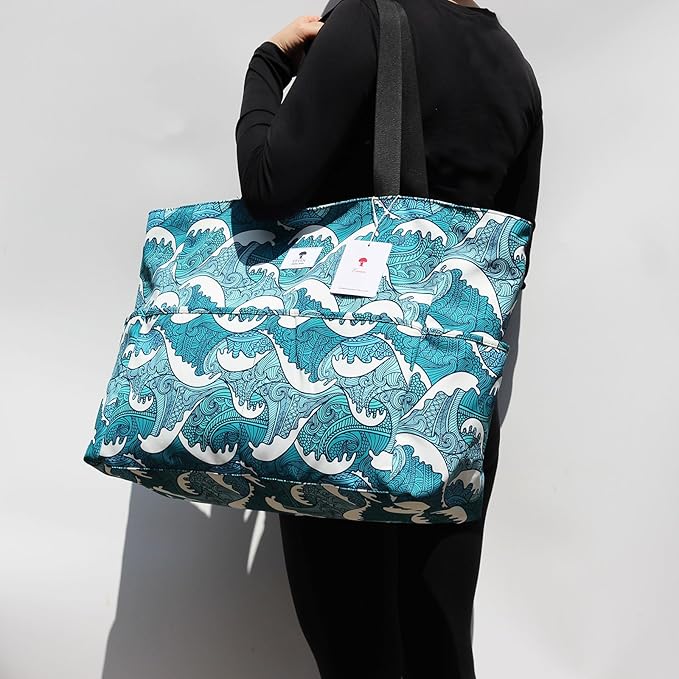 ESVAN Large Foldable Beach Bag for for Women with Dry Wet Compartment Waterproof Sandproof Travel Gym Picnic Handbag